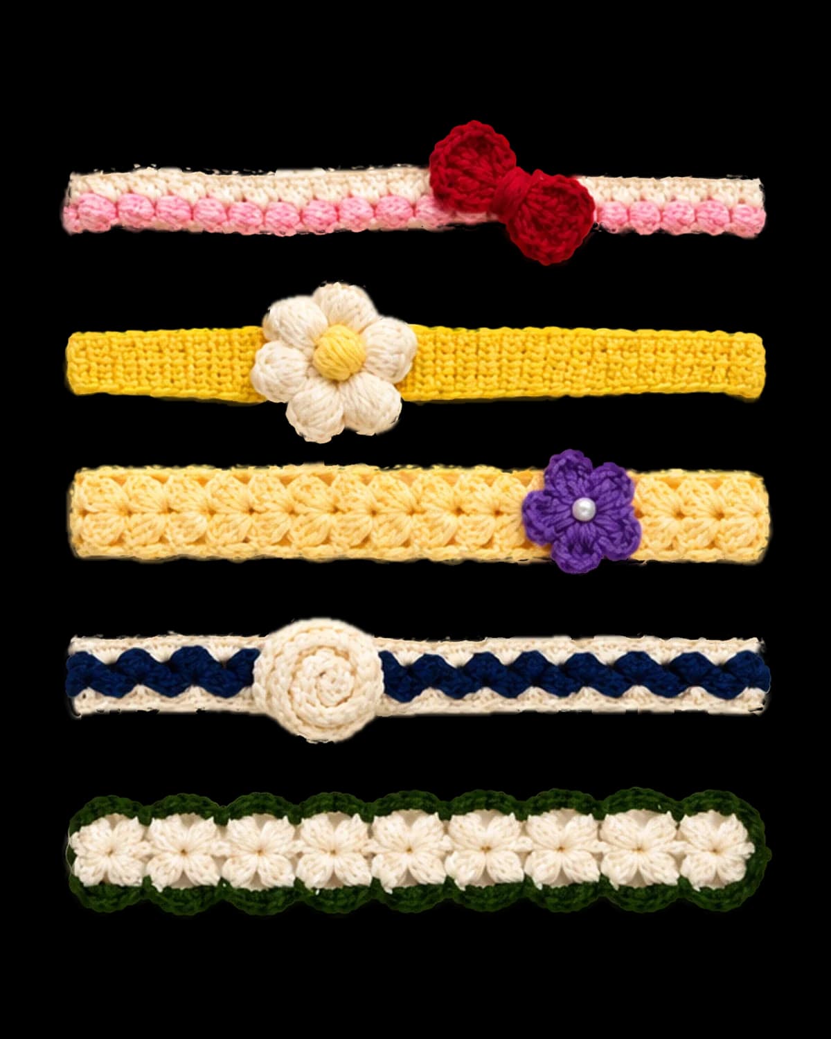 Five handmade crochet baby headbands in rows: red bow, cream daisy on yellow, purple flower, navy rosette and green scallop