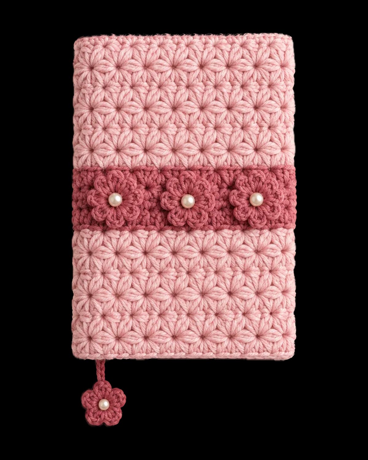Light pink puff-stitch crochet book cover with a rose-pink band, three pearl-centred crochet flowers and a flower bookmark, on a cream background