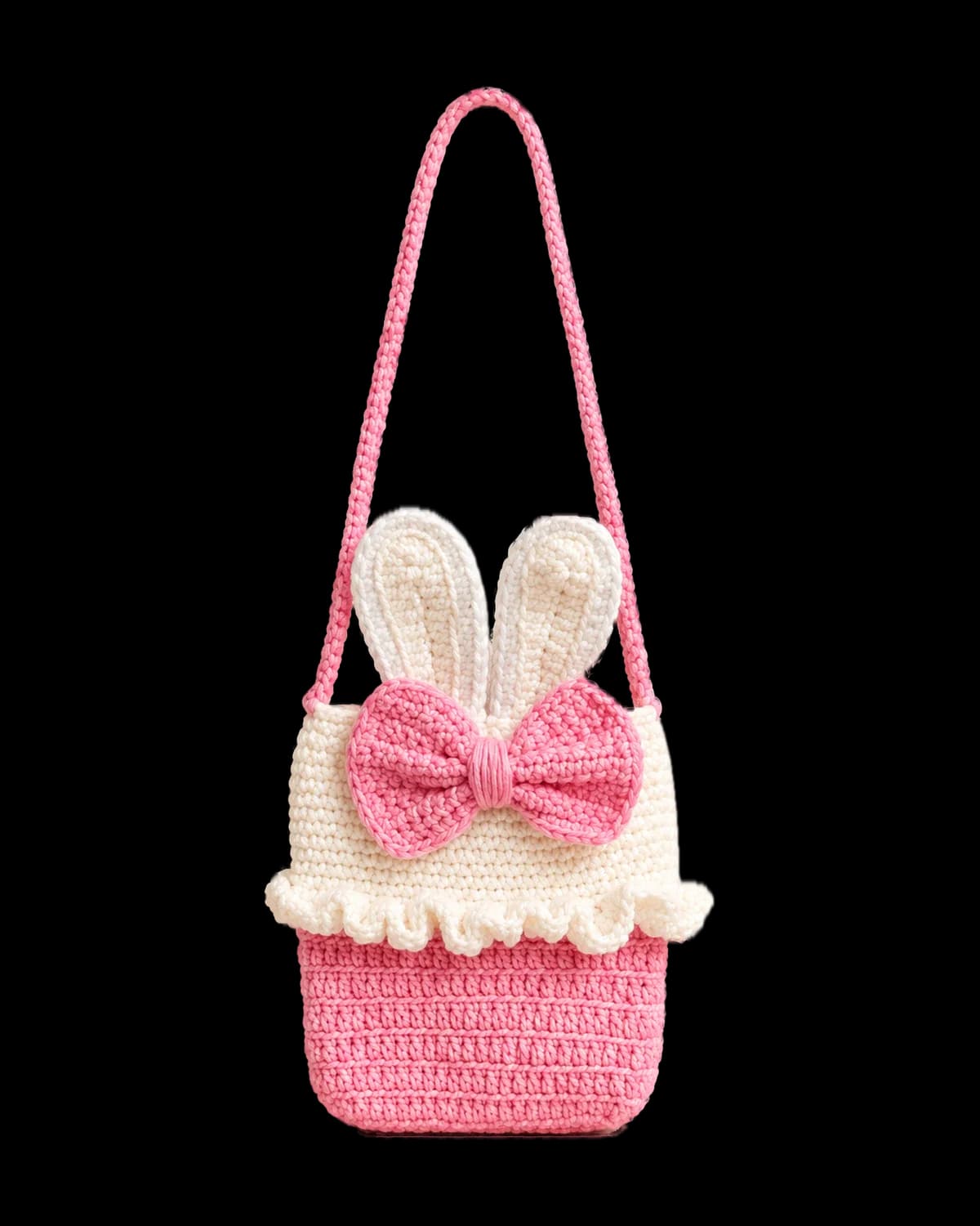 Handmade crochet bunny ears bag with cream ruffled top, pink body, big pink bow and long pink strap on a cream background