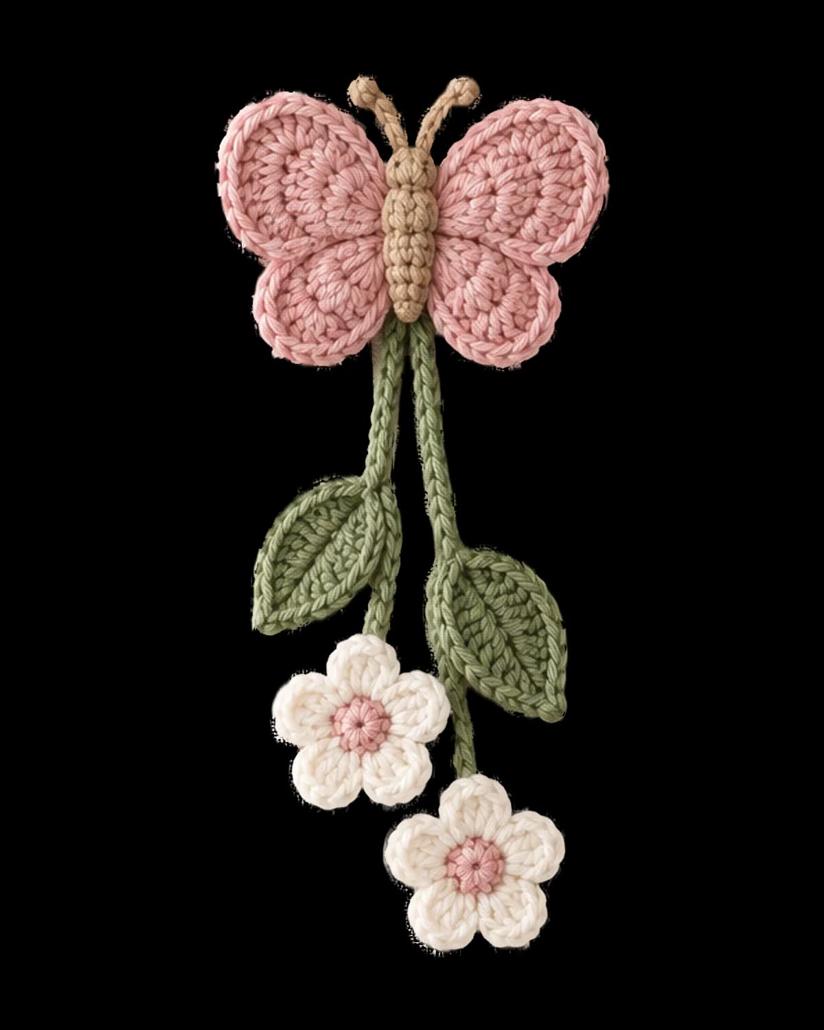 Pink crochet butterfly curtain tie-back with green leaves and two white flowers on a beige linen curtain