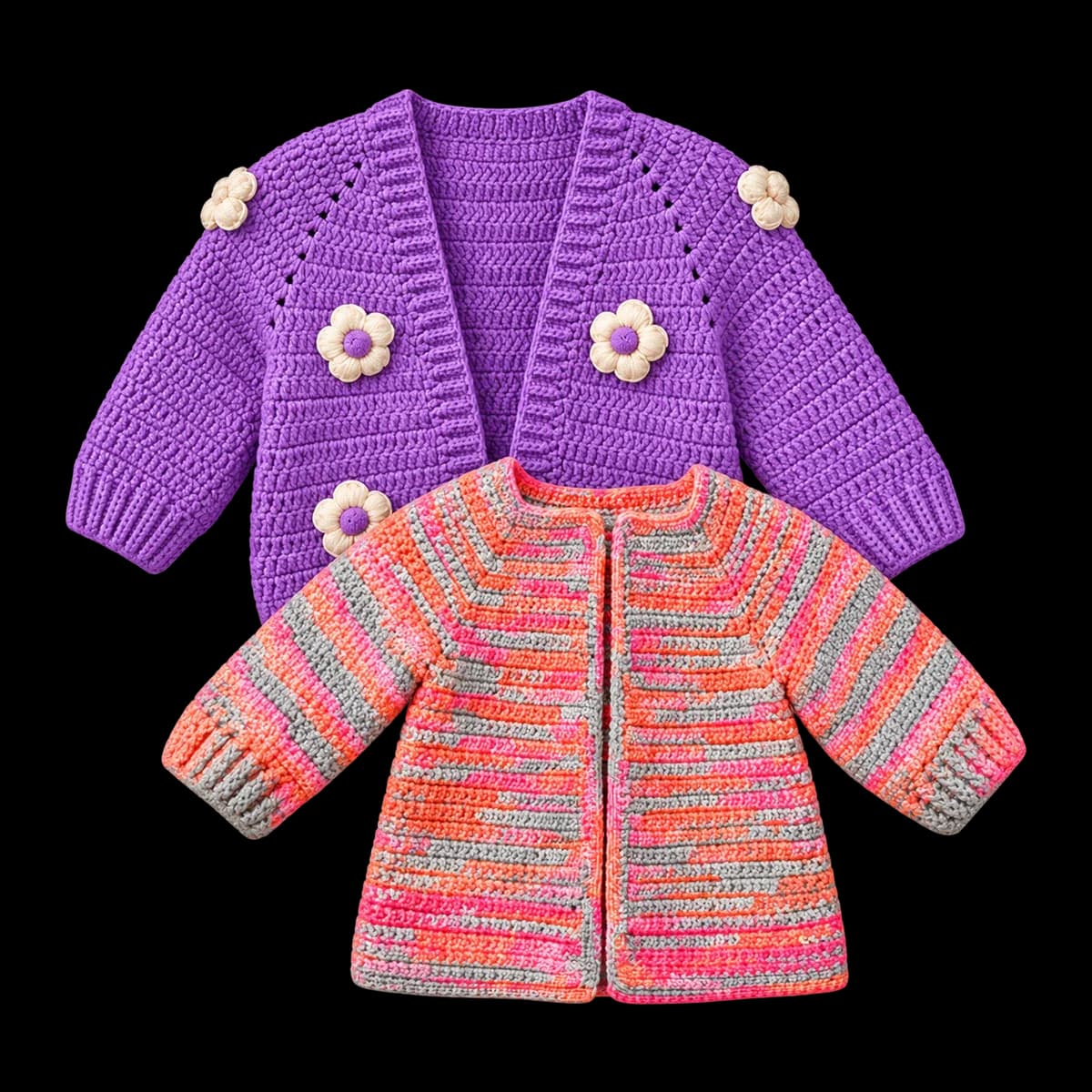 Crochet baby cardigans: purple Blossom cardigan with cream puff flowers and a rainbow stripe cardigan