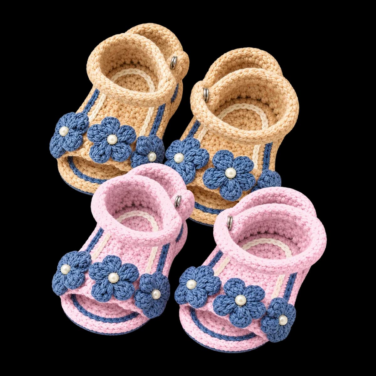 Crochet baby shoes: beige and pink baby sandals with dusty-blue puff flowers and pearl centres
