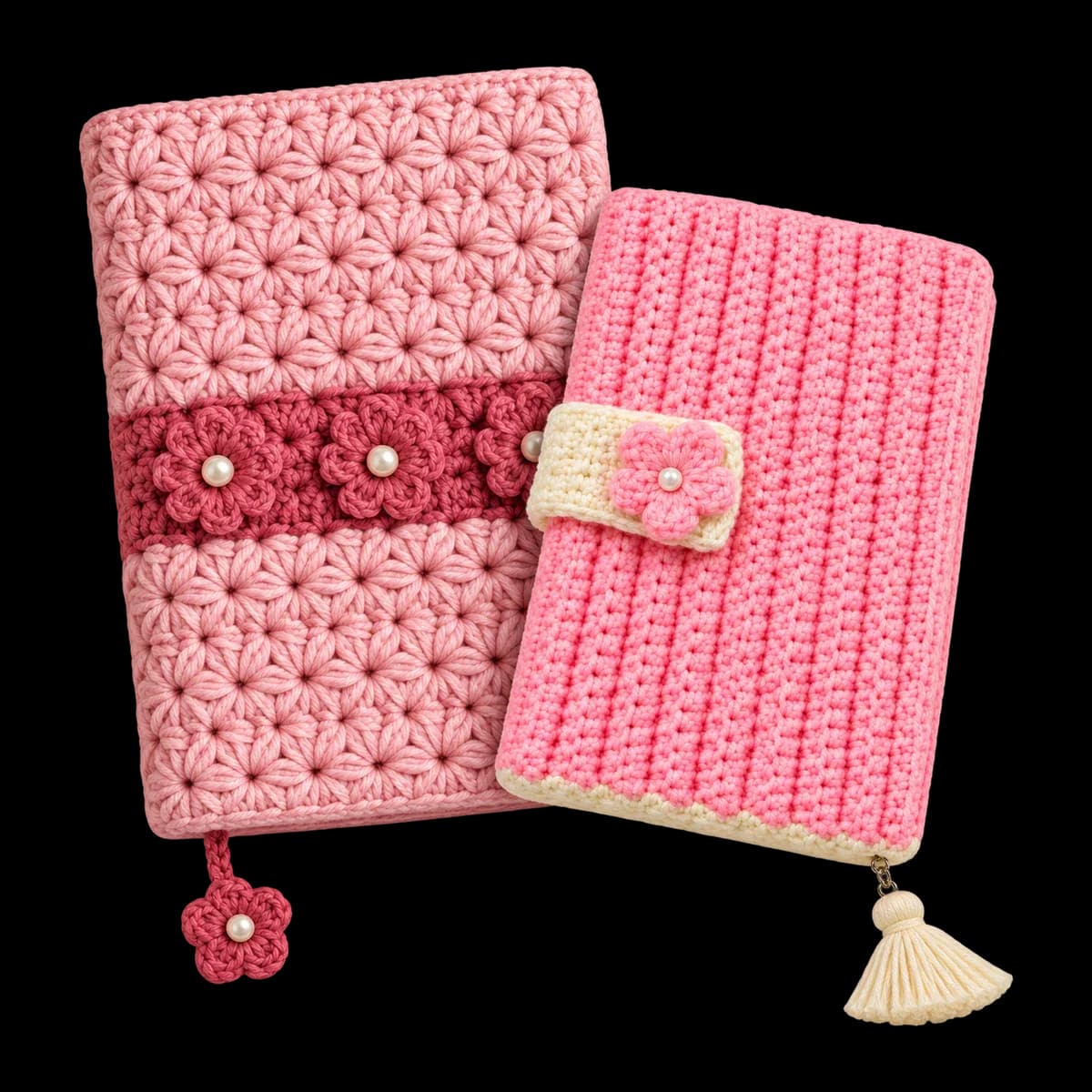 Crochet book covers: pink blossom book cover with a flower band and pink diary cover with a tassel