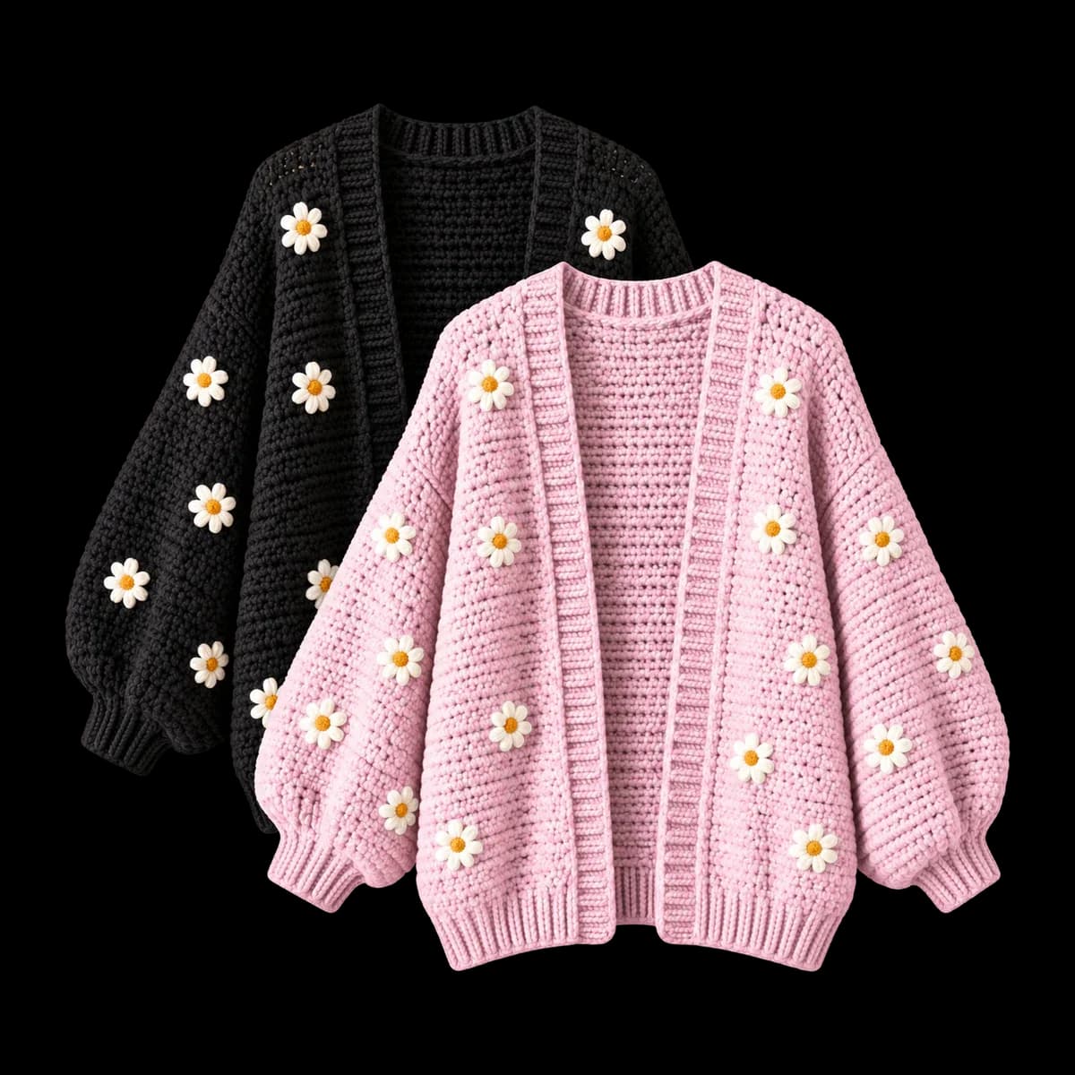 Crochet cardigans: oversized daisy cardigans in black and pink