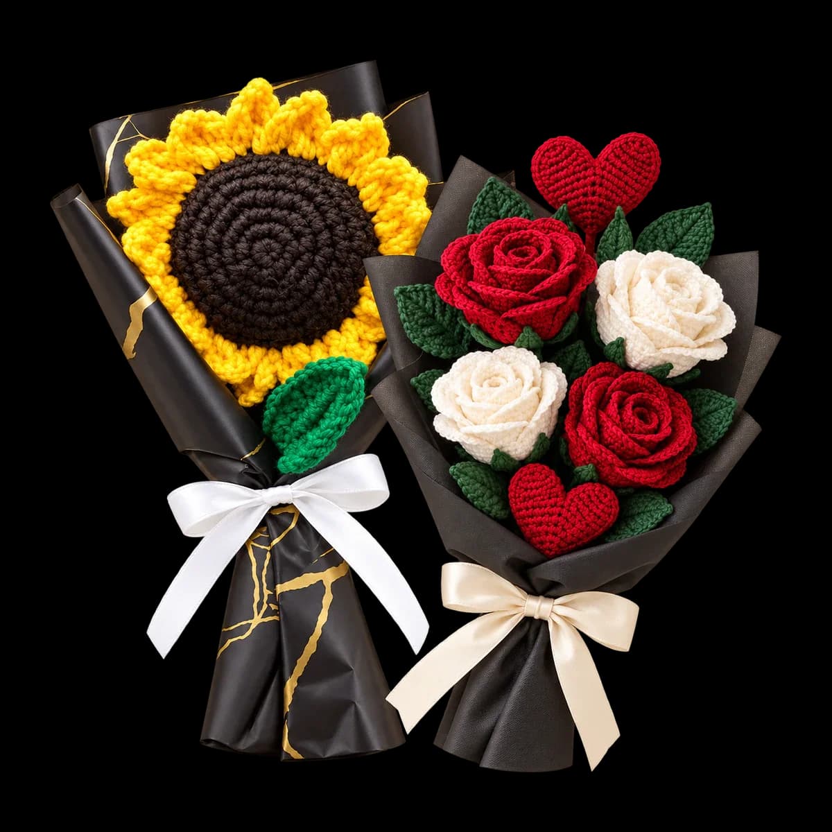 Crochet flower bouquets: sunflower bouquet and red and white roses-and-hearts bouquet in black wrapping