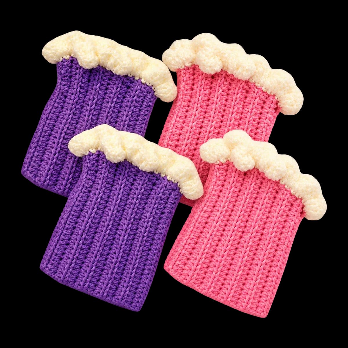 Crochet gloves: ribbed fingerless gloves with cream ruffle cuffs in purple and pink