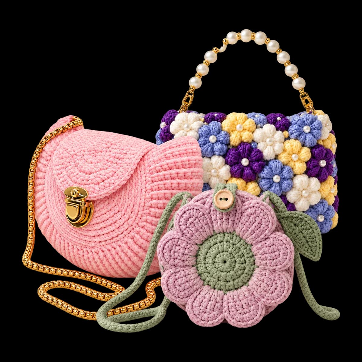 Crochet handbags: pink seashell bag, puff-flower pearl bag and lilac flower bag