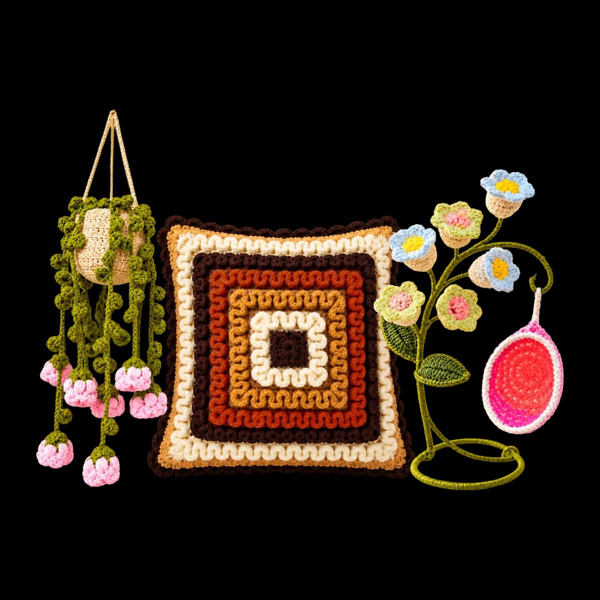 Crochet home decor: rosebud vine hanging planter, autumn wiggle cushion and bellflower swing stand