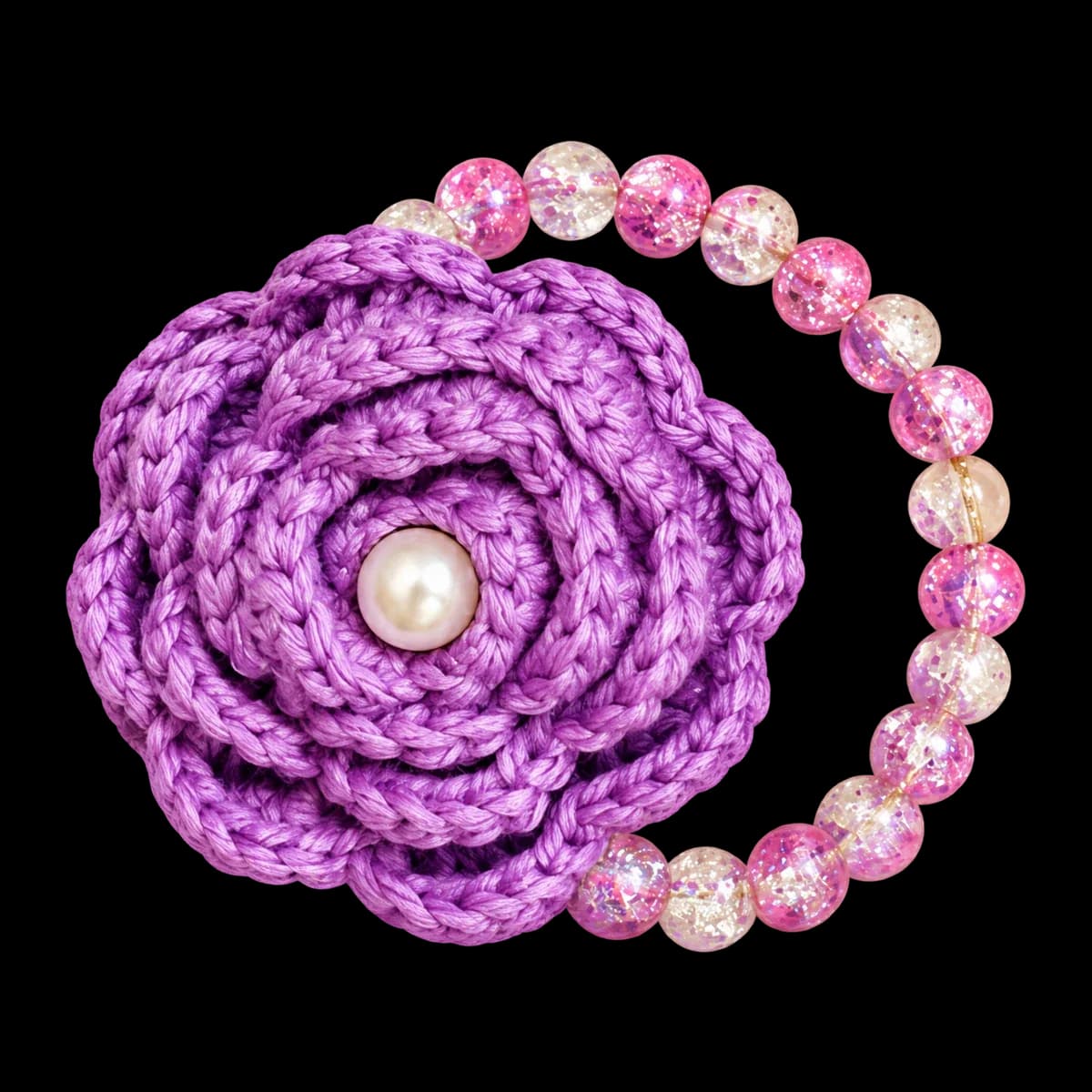 Crochet jewellery: lilac crochet rose bracelet with a pearl centre and pink glass beads