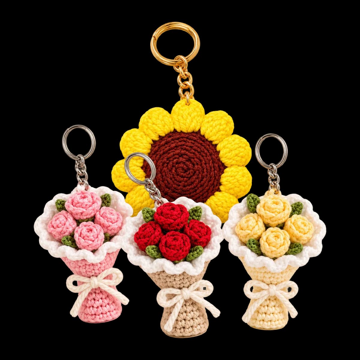 Crochet keychains: sunflower keychain and mini rose bouquet keychains in pink, red and yellow