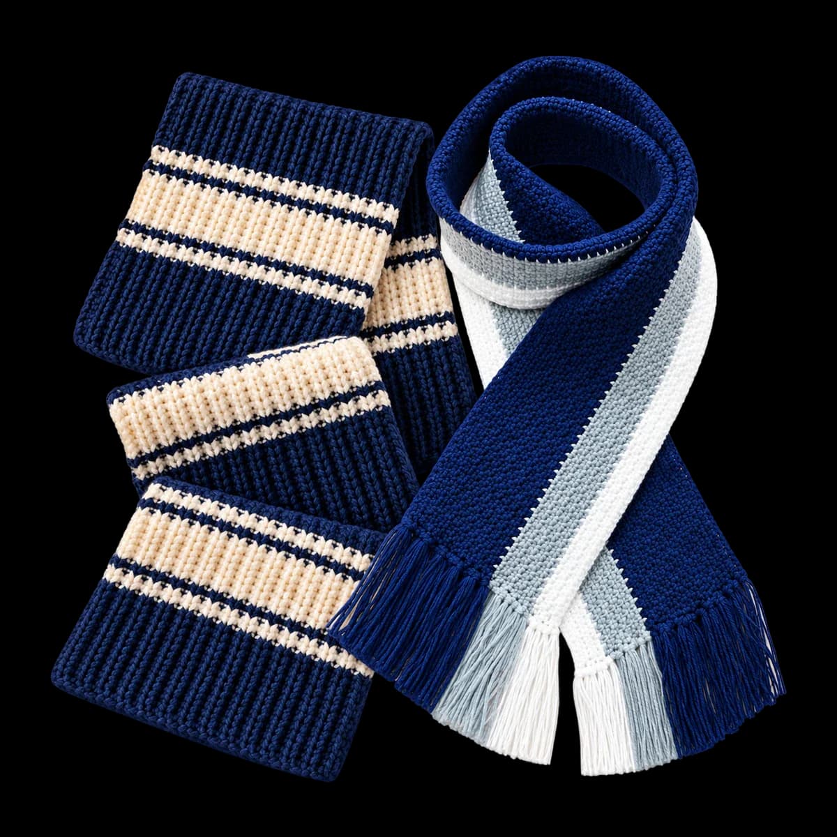 Crochet men's scarves: navy and cream nautical stripe scarf and navy, grey and white striped fringe scarf
