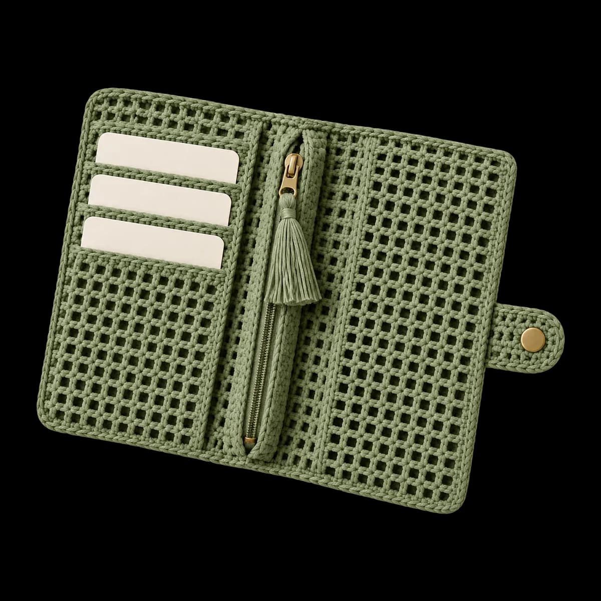 Crochet wallets: sage green card wallet with card slots and a tasselled zip