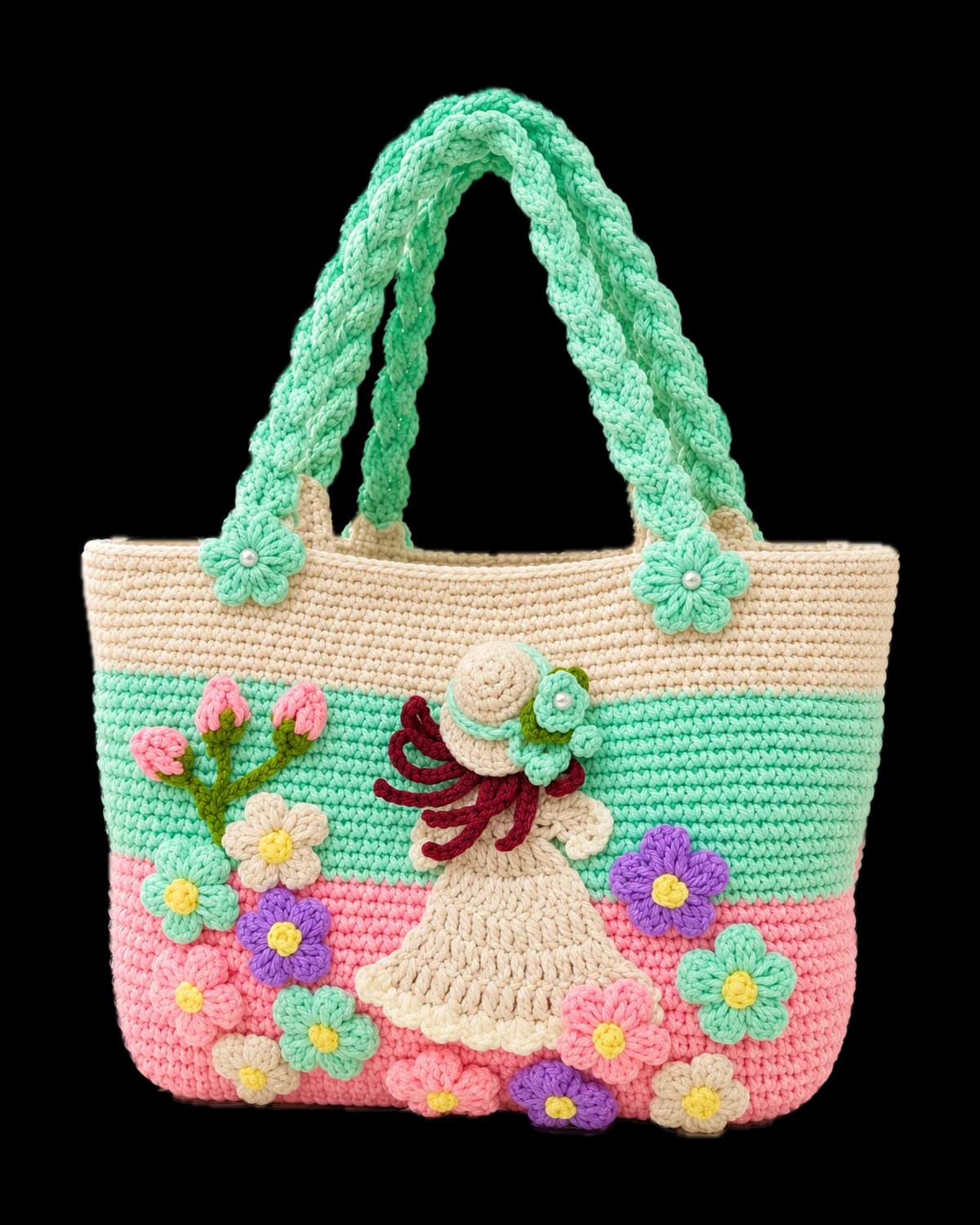 Mint and pink crochet tote with a cream top band, a crocheted girl in a sun hat and pastel flowers, on a cream background