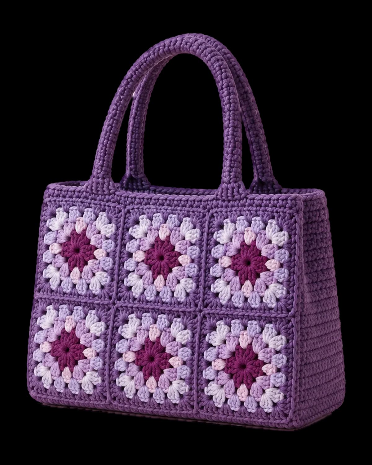 Lavender granny square crochet tote with six squares, violet side panels and two rolled violet handles, on a cream background