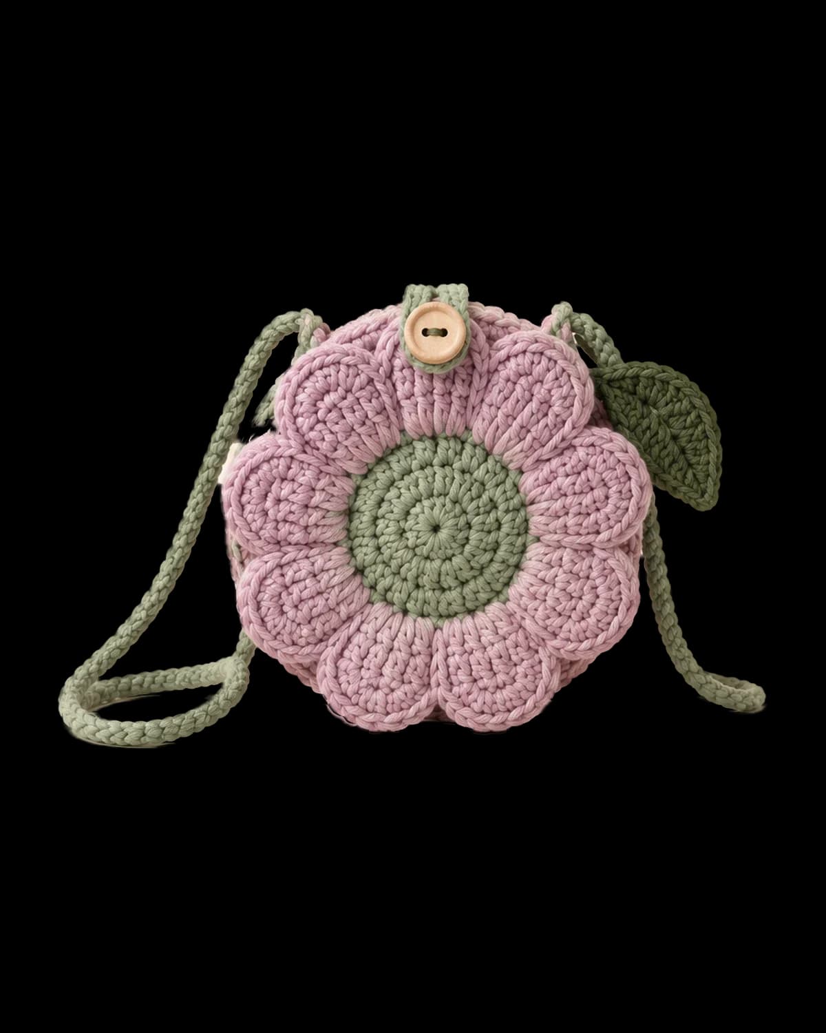 Round crochet flower bag with lilac-pink scalloped petals, a soft-green centre, a wooden button, a dark green leaf and a green cord strap on a cream background