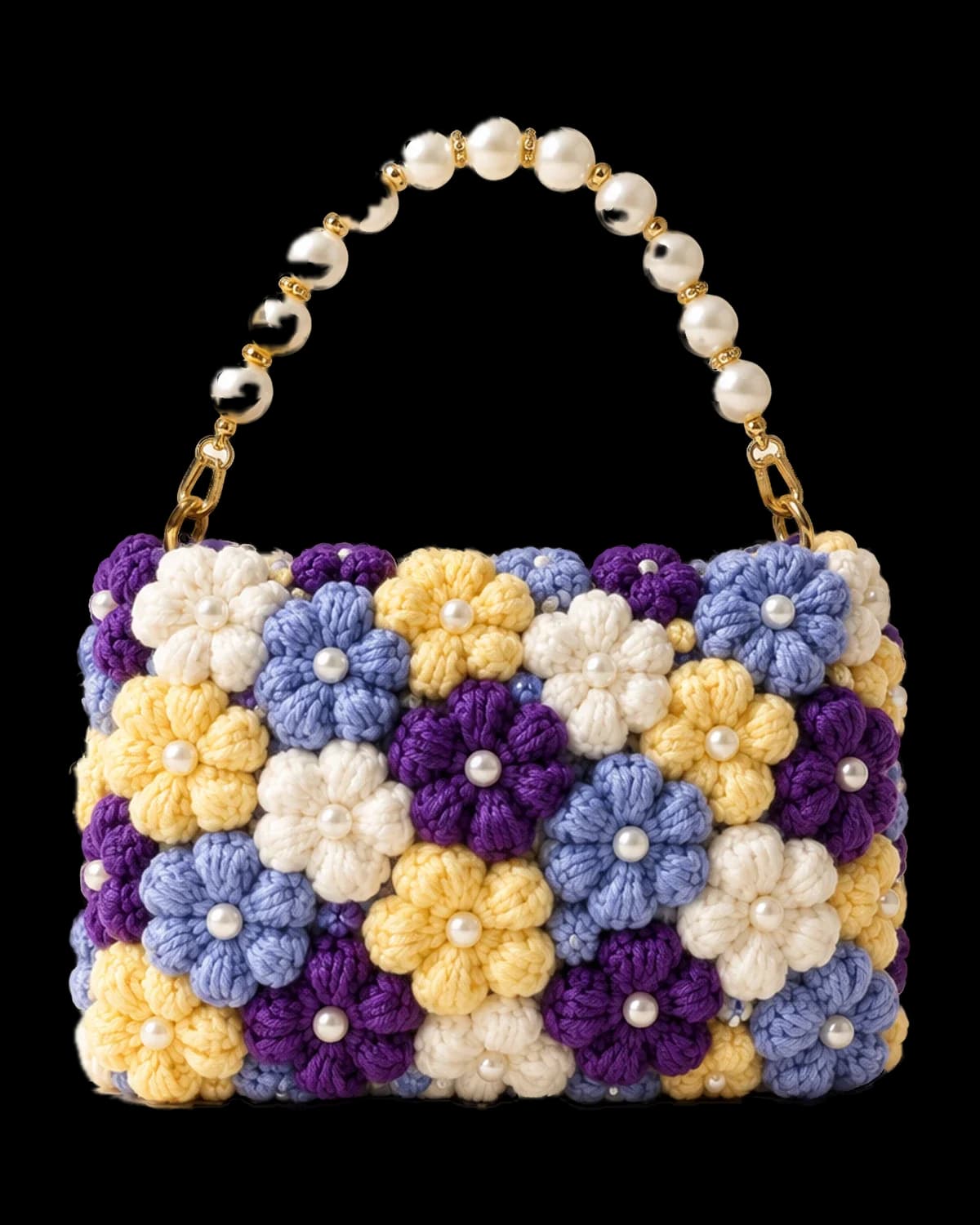 Rectangular crochet handbag covered in purple, periwinkle blue, yellow and white puff-stitch flowers with pearl centres and a white pearl bead handle, on a cream background
