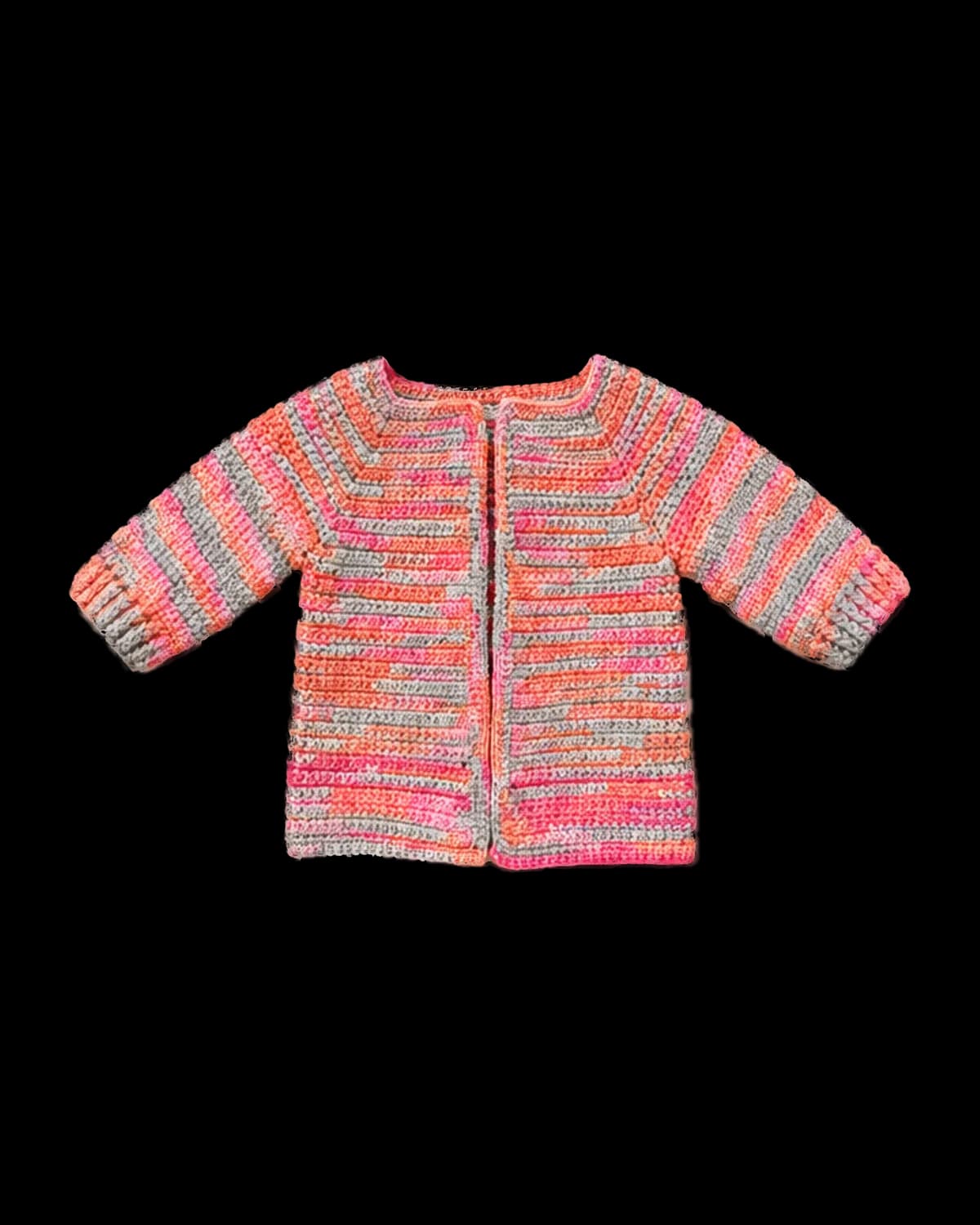 Open-front crochet baby cardigan in coral, pink and grey variegated stripes with raglan sleeves and ribbed cuffs, laid flat on a cream background