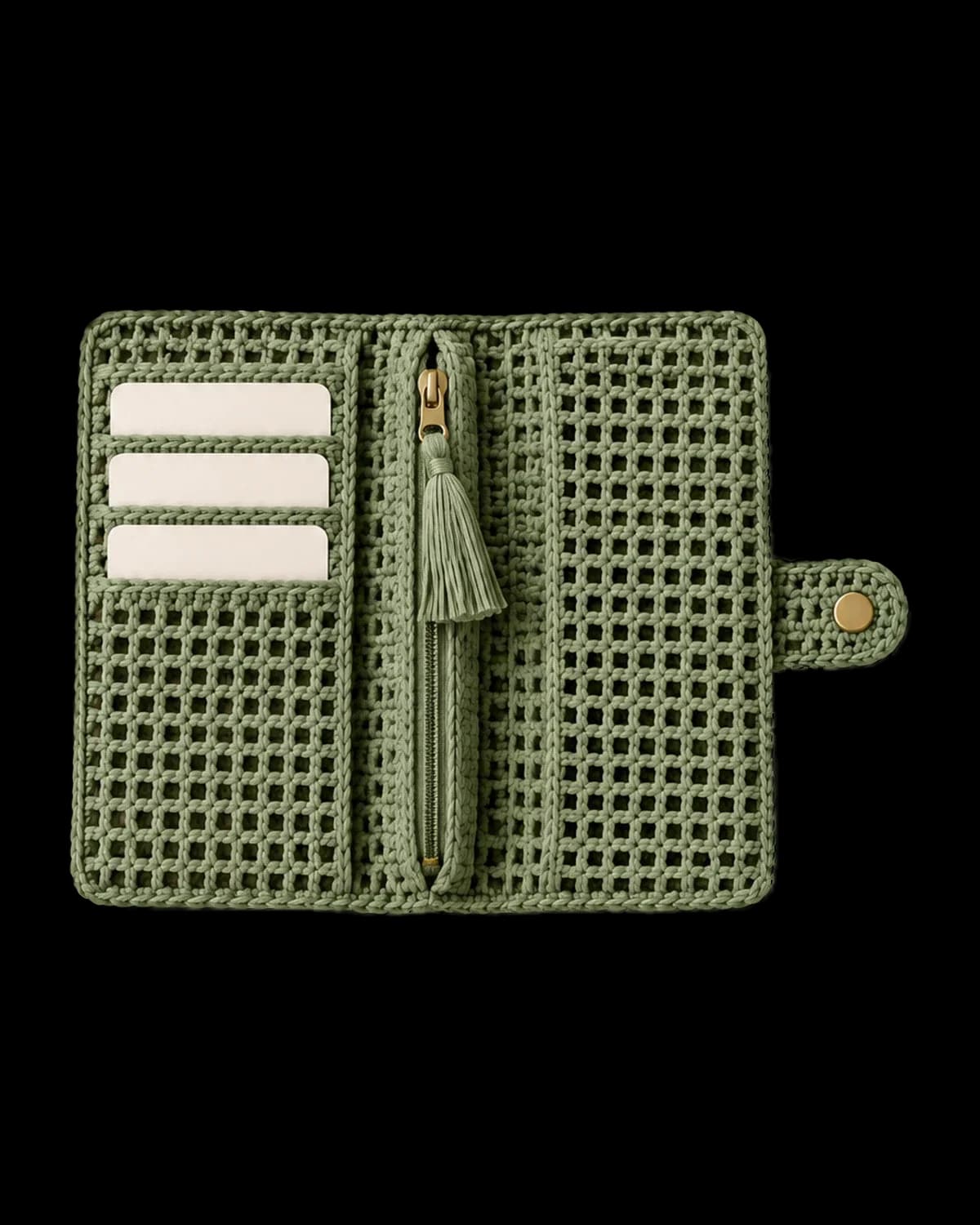 Sage-green mesh crochet long wallet shown open, with blank cards in the card slots, a zip pocket with a sage tassel and a tab with a gold-tone snap