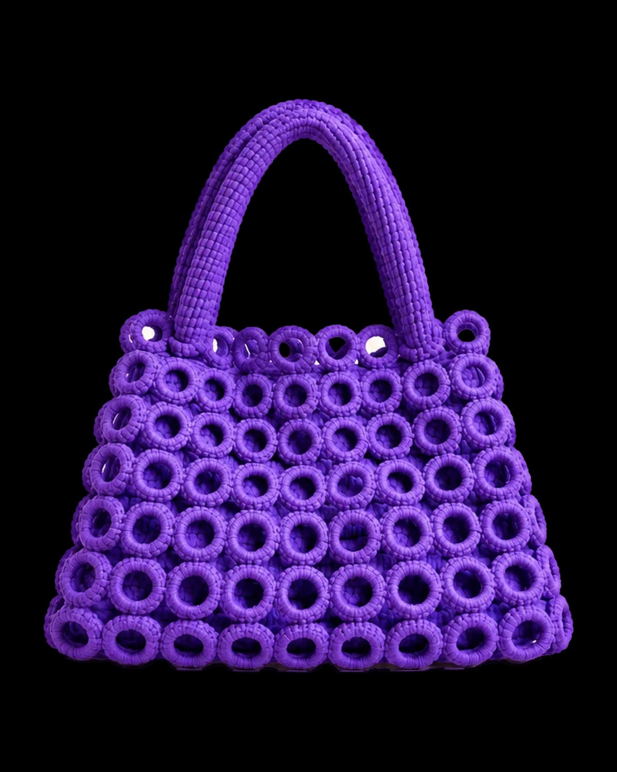 Violet crochet handbag made of yarn-covered rings in staggered rows, with two rounded crochet handles, on a cream background