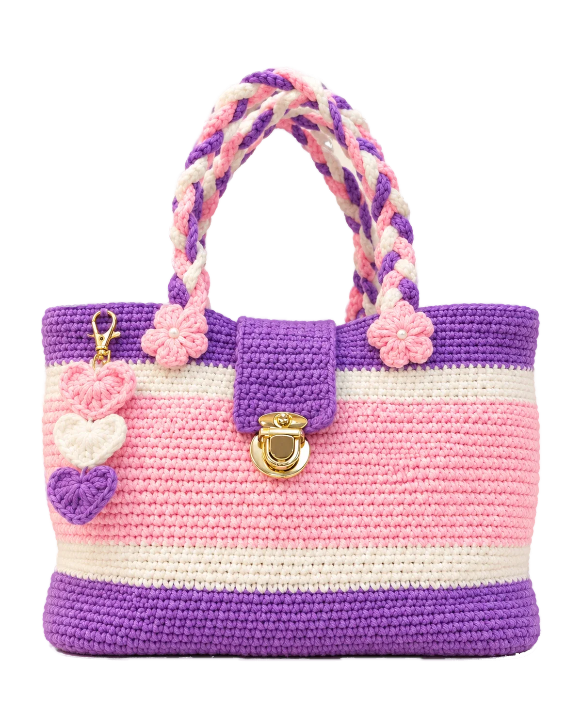 Pink, cream and purple striped crochet handbag with braided handles, a gold clasp and a heart charm