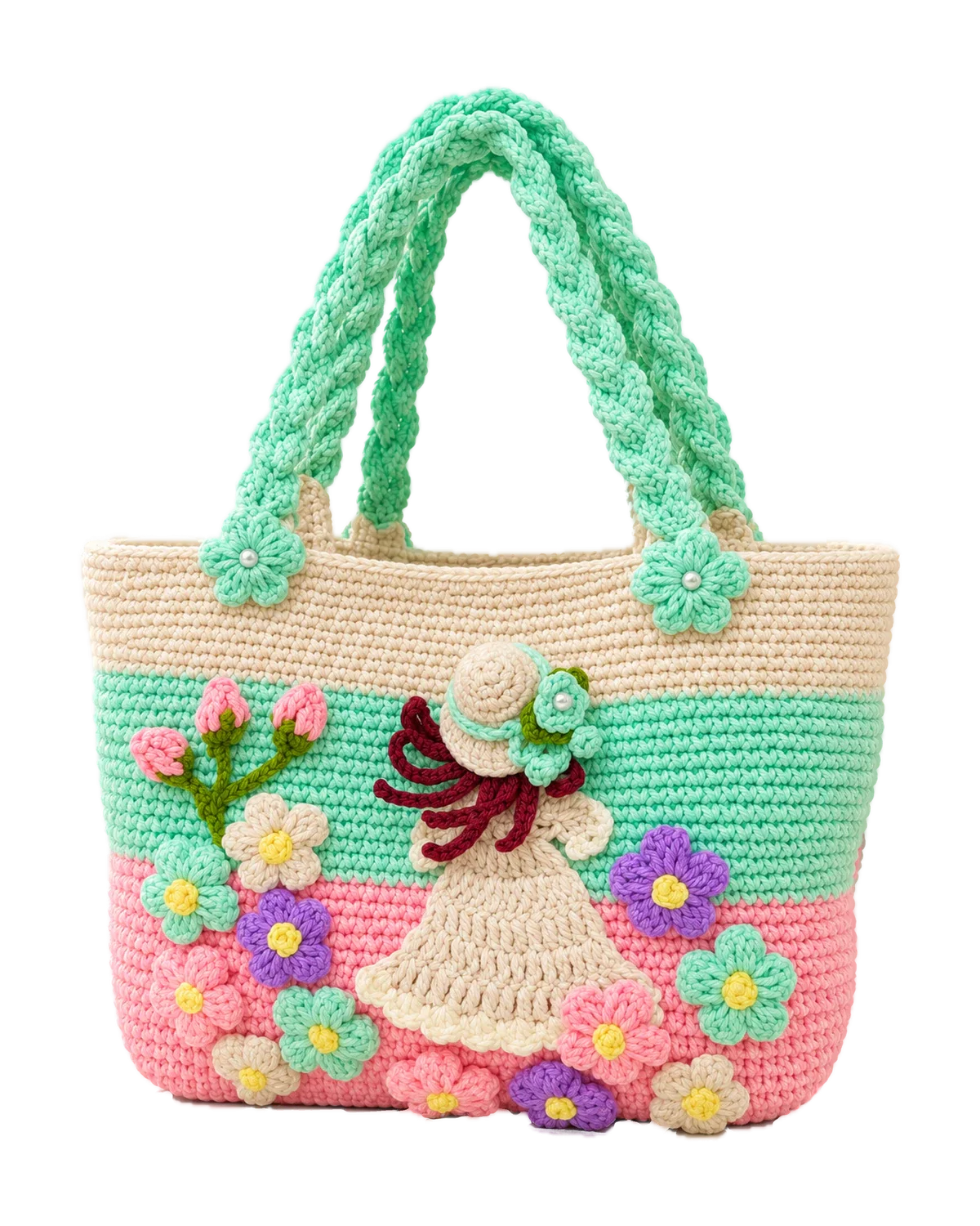 Mint and pink crochet tote with a garden girl appliqué, crochet flowers and braided mint handles