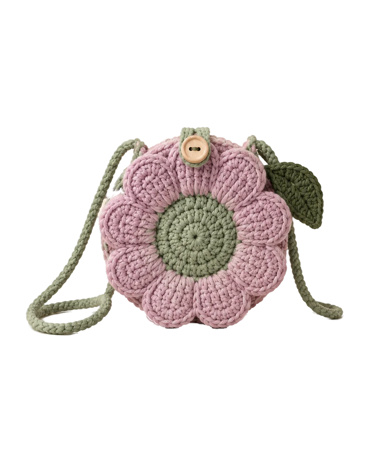 Lilac flower-shaped crochet bag with a sage green centre, leaf details and a sage strap