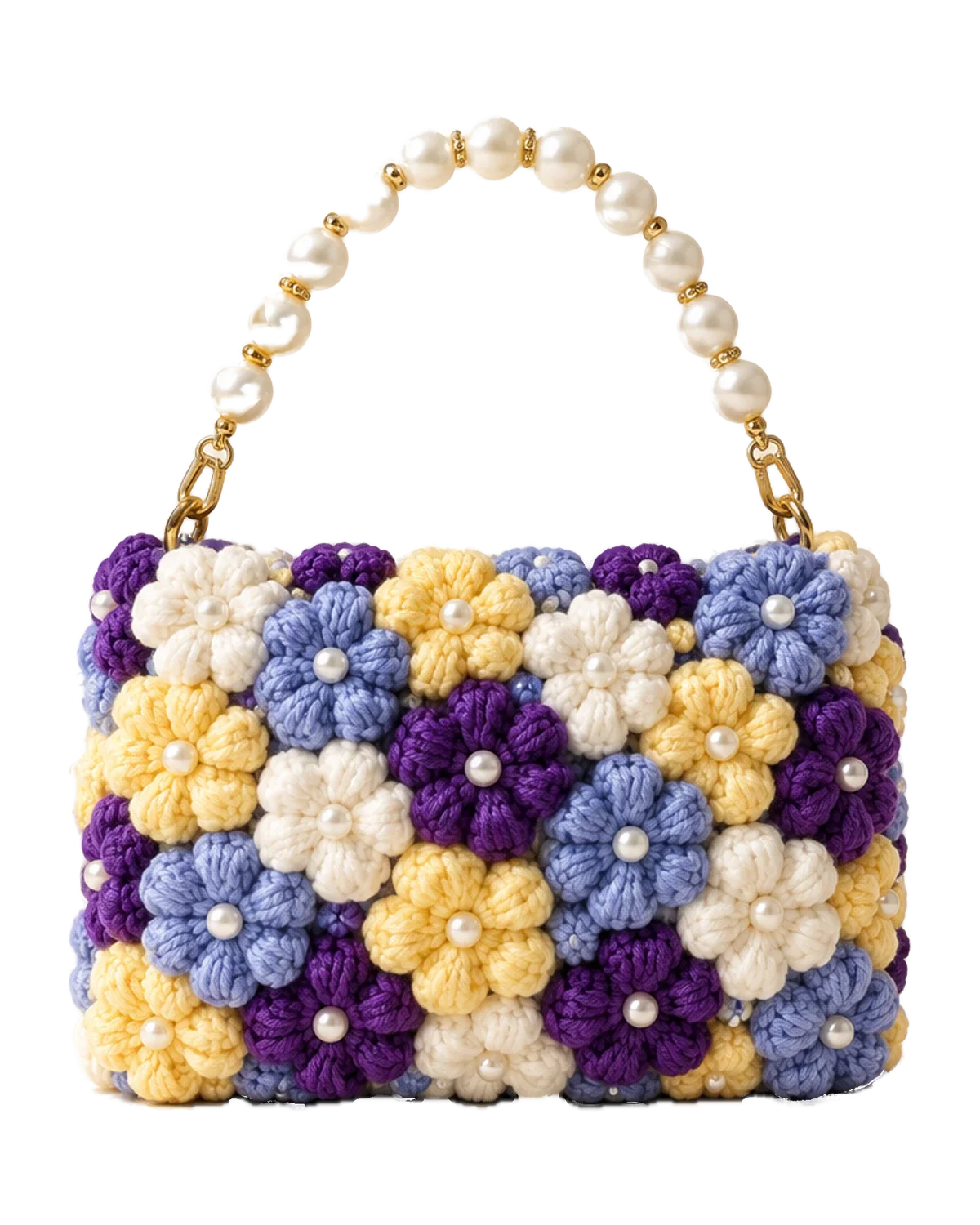 Crochet handbag covered in purple, lilac and butter-yellow puff flowers with a pearl bead handle