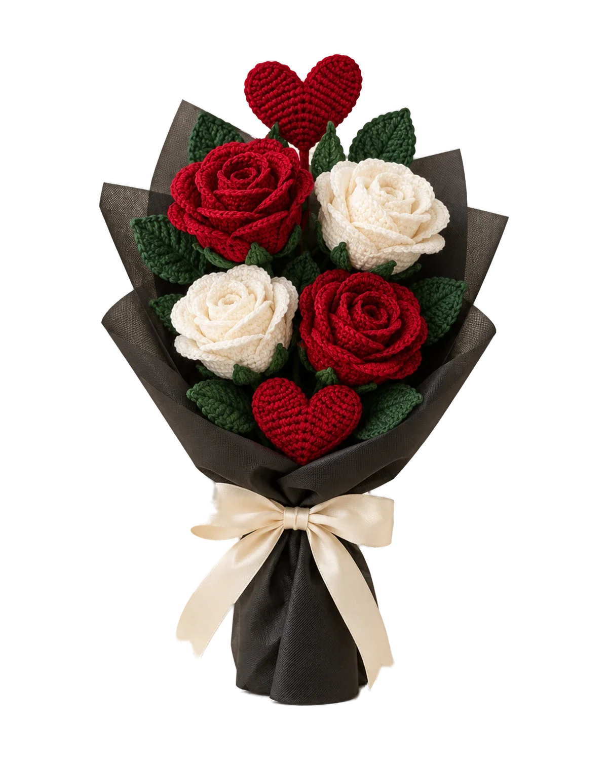 Crochet bouquet of red and white roses with red hearts, wrapped in black paper with a cream bow
