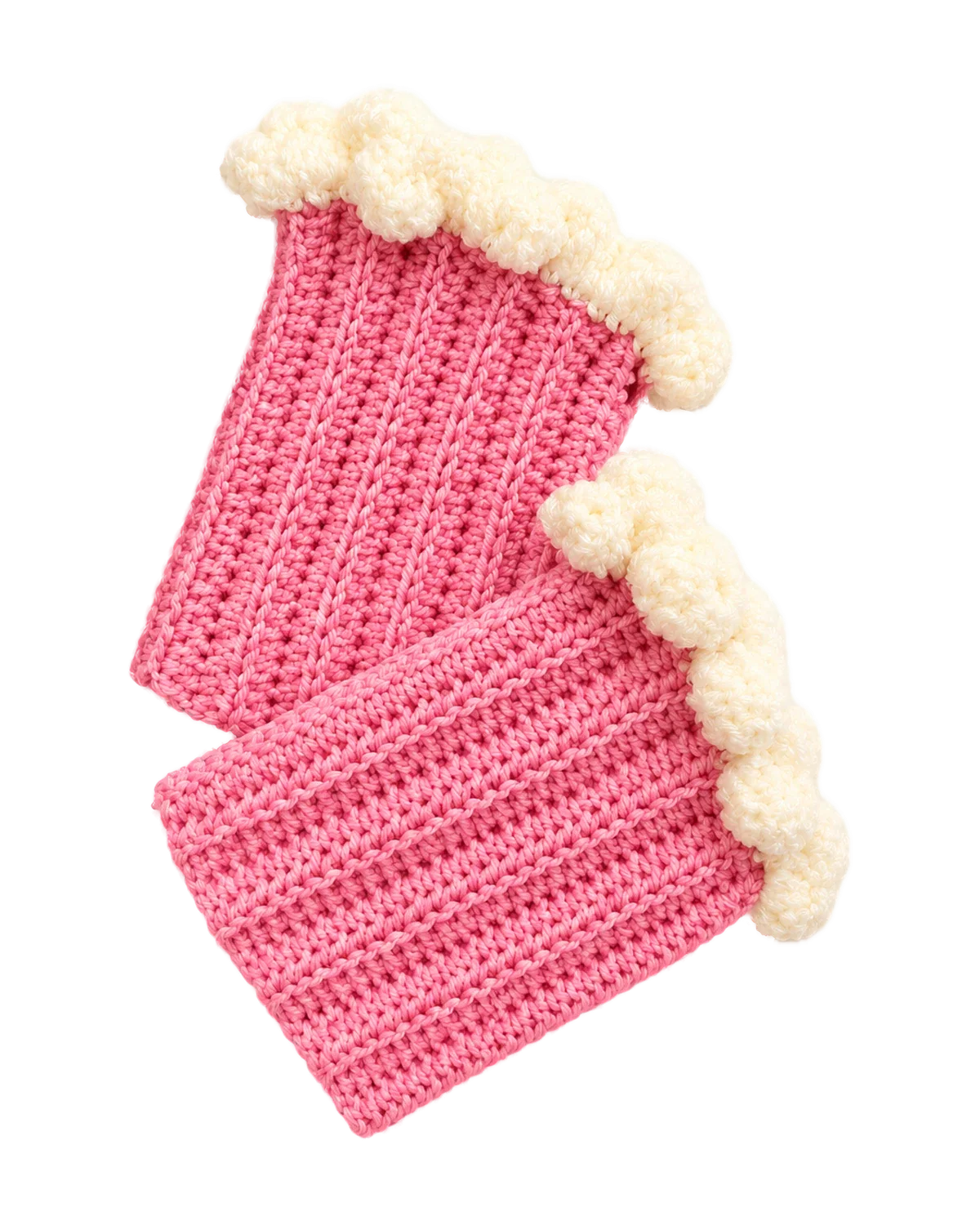 Bubblegum pink crochet fingerless gloves with cream ruffle cuffs