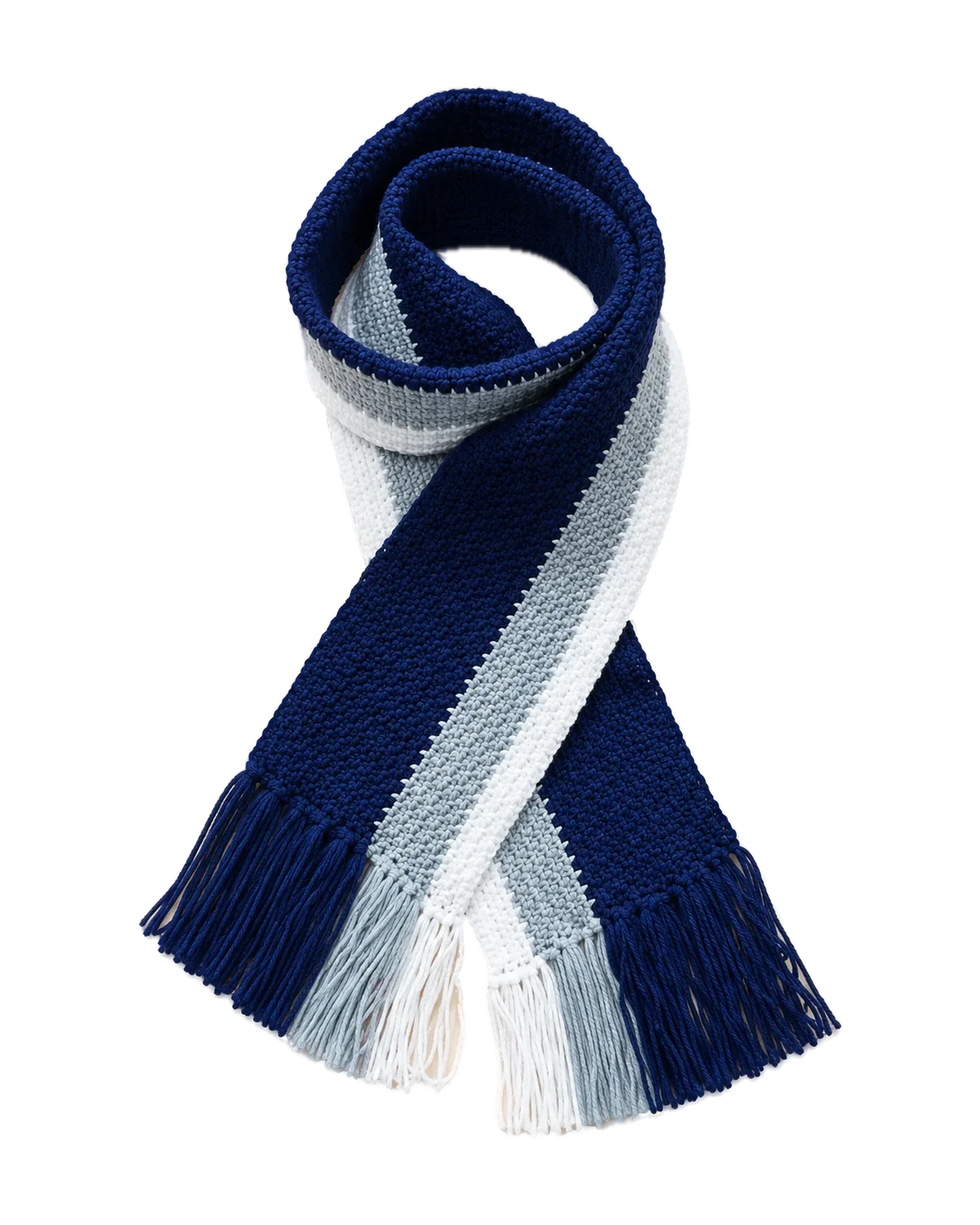 Navy, grey and white striped crochet scarf with fringed ends