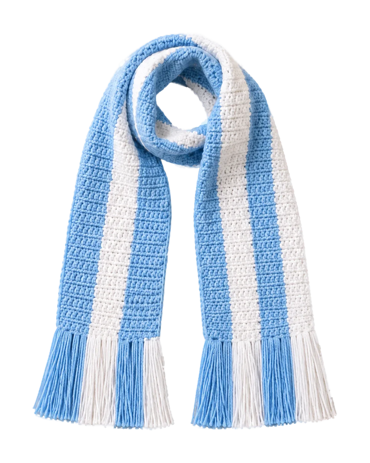 Sky blue and white striped crochet scarf with fringed ends